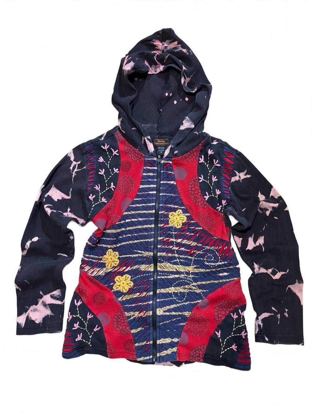 Vtg Rising International Hoodie Black Full Zip Hooded Patchwork Embroidered